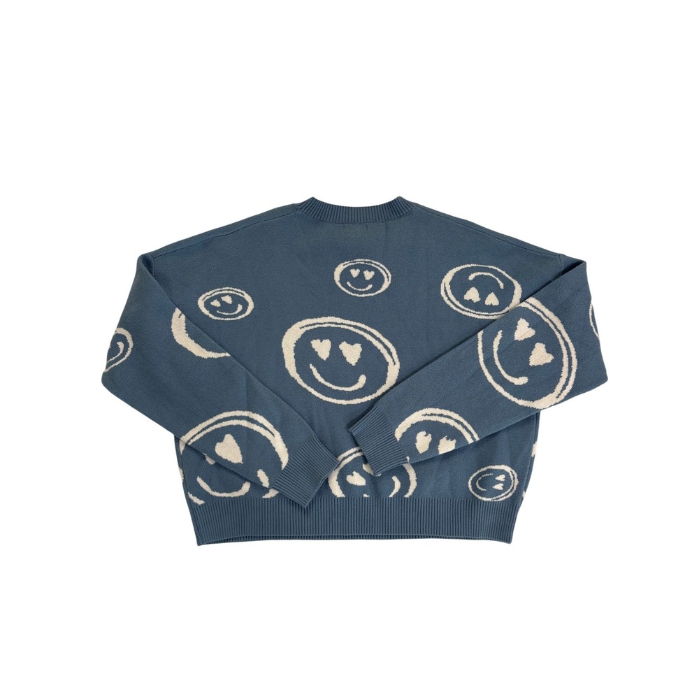 Debut Heart Eye Smiley Face Knit Sweater Blue Crewneck Pullover Large T5395